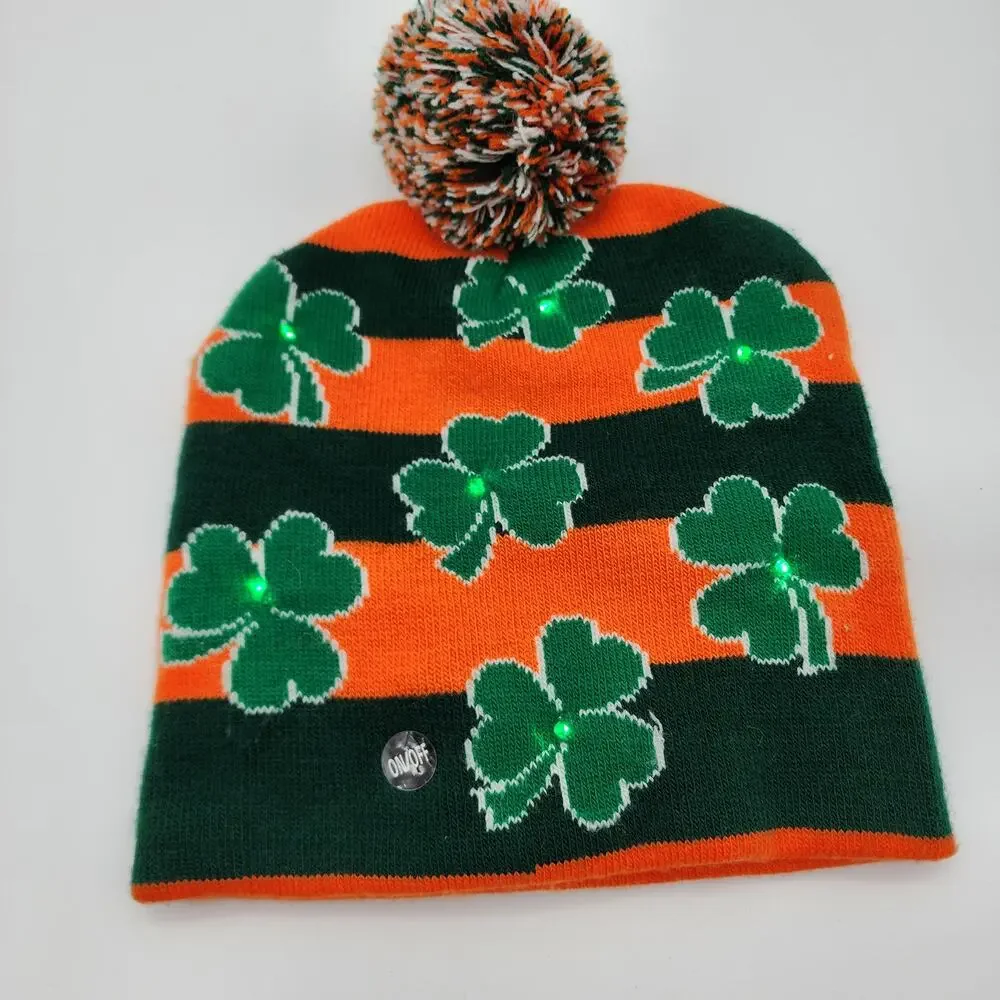 St. Patricks Day Light Up Beanie Hat Shamrock Knit Green One Size Irish Boston